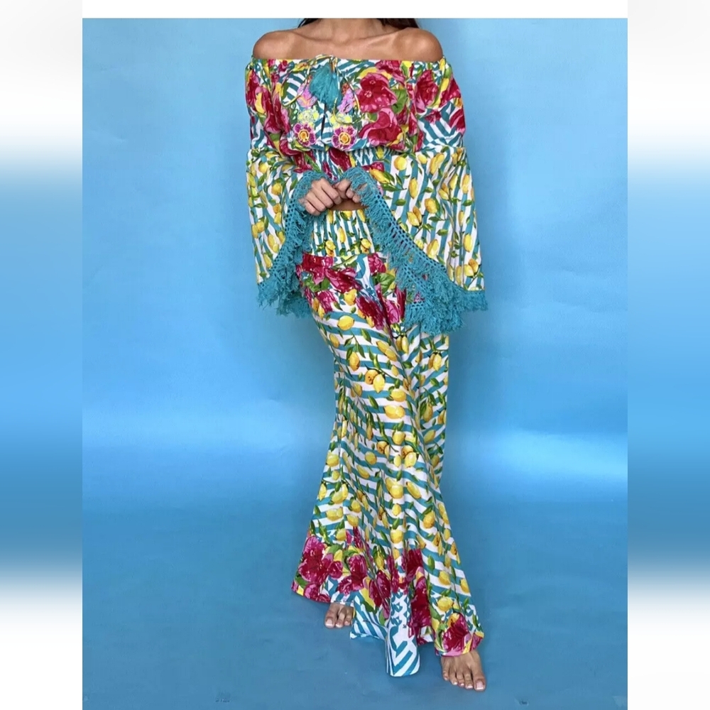CRUISE! Antica Sartoria 2-piece flare pants & crop top LEMONS - Picture 2 of 9